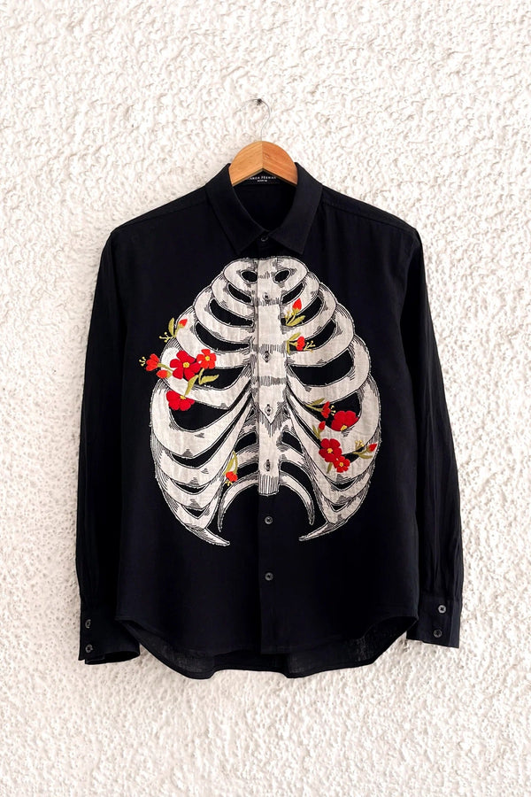 Shirtek Premium Black Skeleton Floral Embroidered Full Sleeve Casual Shirt for Men