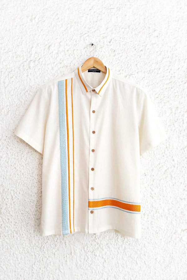 Shirtek Premium Off-White Striped Embroidered Casual Half Sleeve Shirt for Men