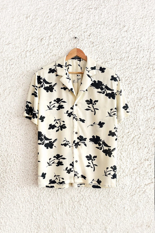 Shirtek Premium Cream Floral Print Cuban Collar Casual Half Sleeve Shirt for Men