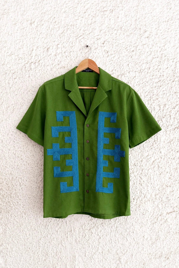 Shirtek Premium Olive Green Cuban Collar Geometric Embroidered Casual Half Sleeve Shirt for Men