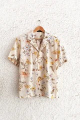 Shirtek Premium Beige Botanical Print Cuban Collar Casual Half Sleeve Shirt for Men